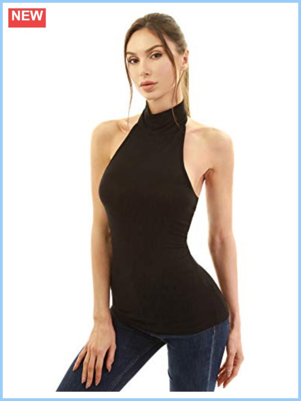 Women Halter Turtleneck Open Back Sleeveless Blouse Top - Slim Fit